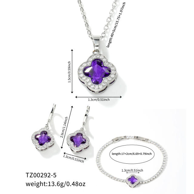 Hot sale colorful crystal clover pendant gold plated copper necklace bracelet earrings set