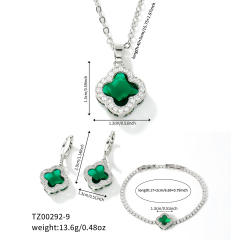 Hot sale colorful crystal clover pendant gold plated copper necklace bracelet earrings set