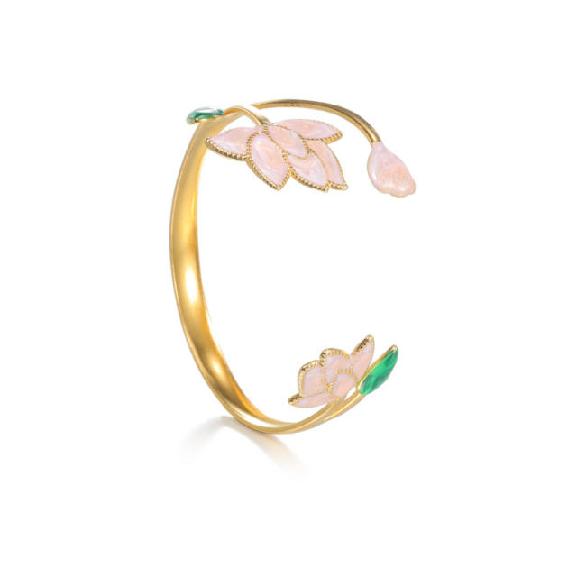 Spring summer pink color enamel lotus stainless steel bangle bracelet
