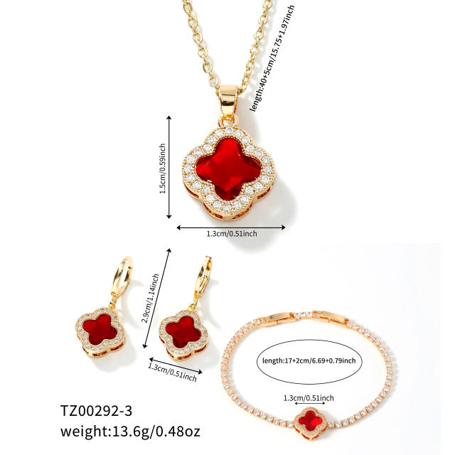 Hot sale colorful crystal clover pendant gold plated copper necklace bracelet earrings set
