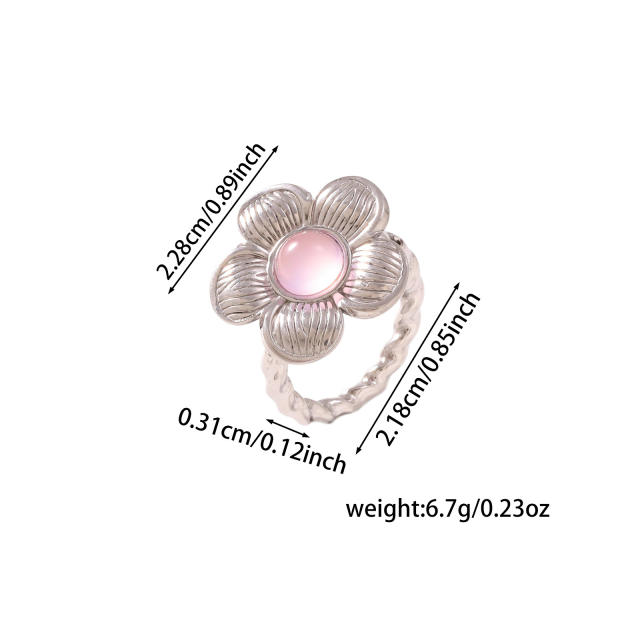 Vintage flower shape natural stone inlaid stainless steel rings