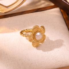 Vintage flower shape natural stone inlaid stainless steel rings