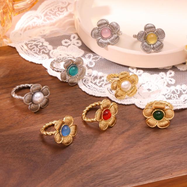 Vintage flower shape natural stone inlaid stainless steel rings