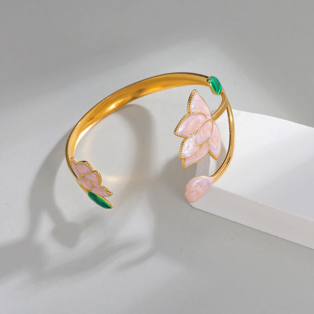 Spring summer pink color enamel lotus stainless steel bangle bracelet