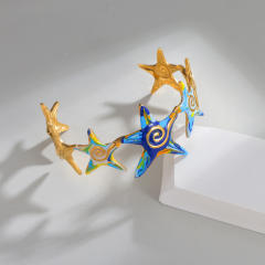 Summer blue color enamel starfish stainless steel bangle bracelet