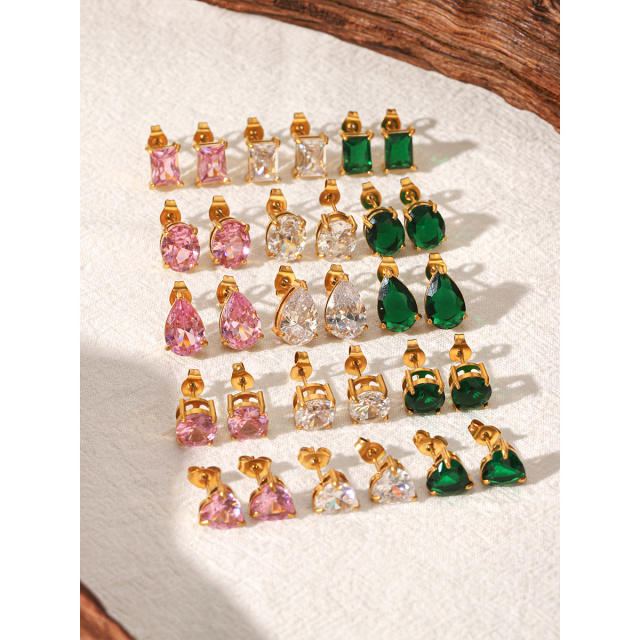 Easy match colorful cubic zicon drop heart round shape stainless steel earrings studs earrings