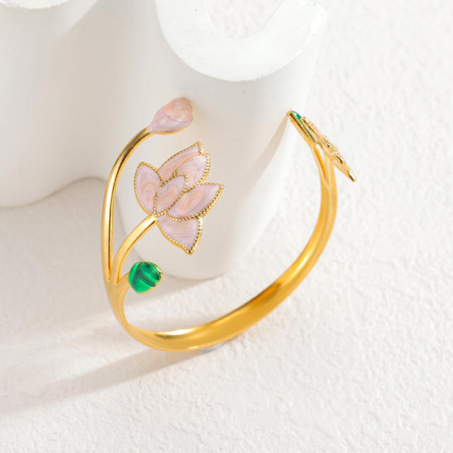 Spring summer pink color enamel lotus stainless steel bangle bracelet