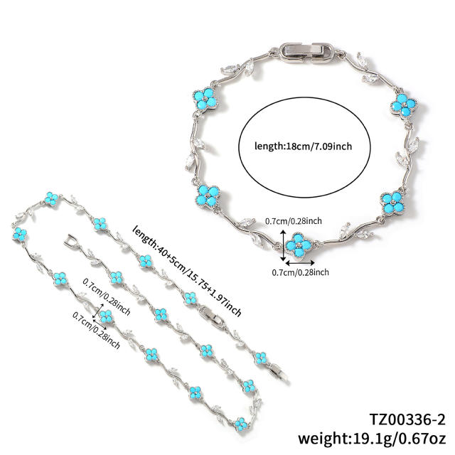 Hot sale colorful diamond clover gold plated necklace bracelet set
