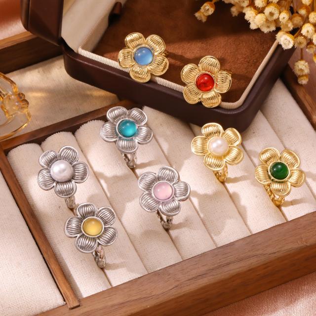 Vintage flower shape natural stone inlaid stainless steel rings