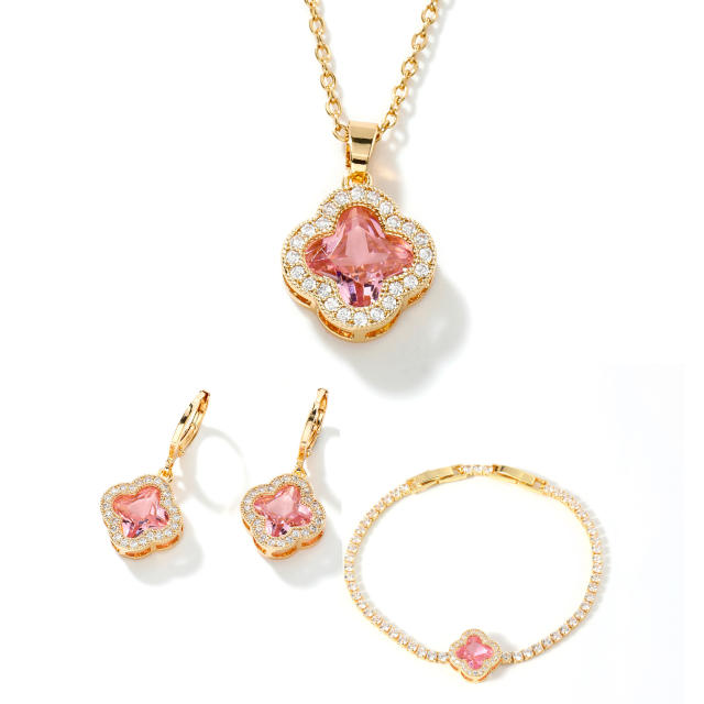 Hot sale colorful crystal clover pendant gold plated copper necklace bracelet earrings set