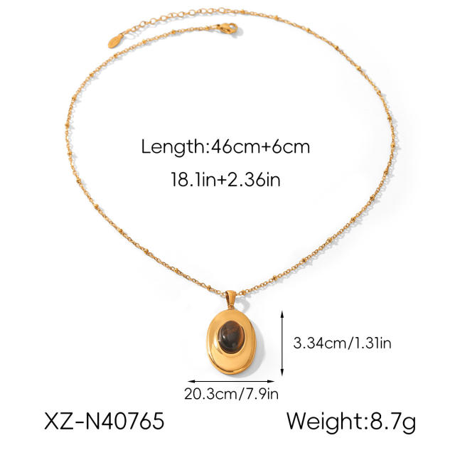 Vintage tiger eye stone inlaid oval shape stainless steel necklace earrings set