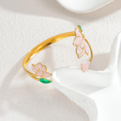 Spring summer pink color enamel lotus stainless steel bangle bracelet