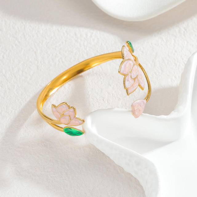 Spring summer pink color enamel lotus stainless steel bangle bracelet