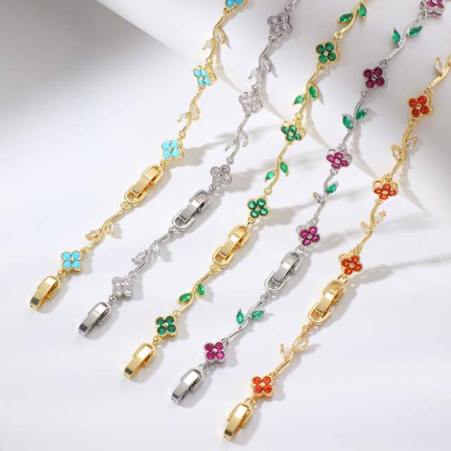 Hot sale colorful diamond clover gold plated necklace bracelet set