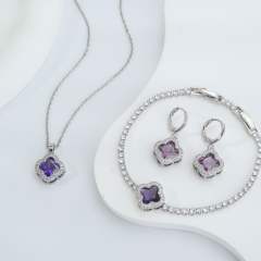 Hot sale colorful crystal clover pendant gold plated copper necklace bracelet earrings set