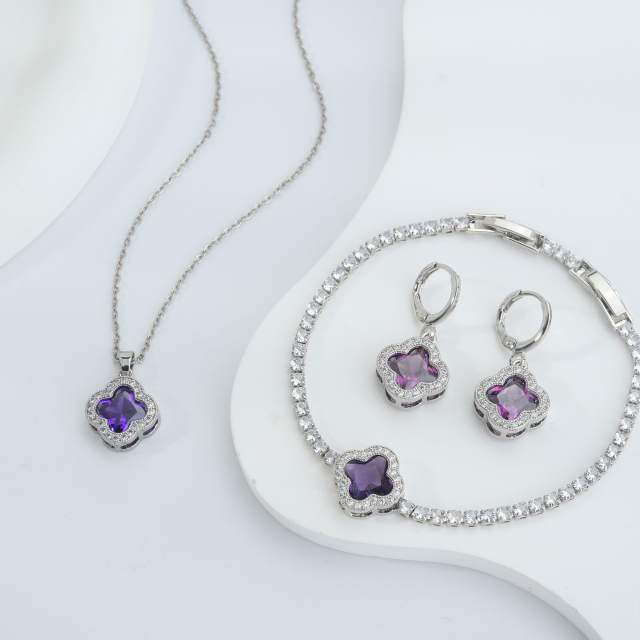Hot sale colorful crystal clover pendant gold plated copper necklace bracelet earrings set