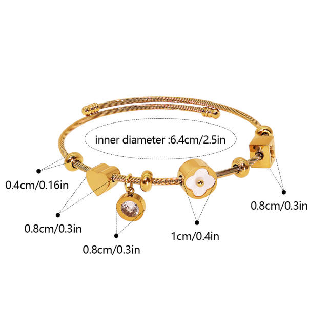 Personalized Wire Braided Rope Letters Four-Leaf Clover charm stainless steel bangle bracelet