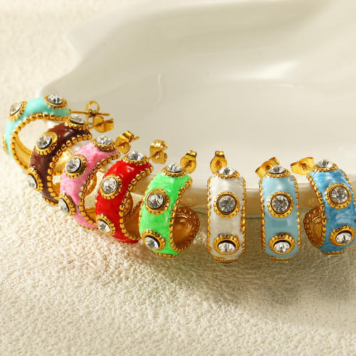 Boho vintage color enamel diamond stainless steel earrings