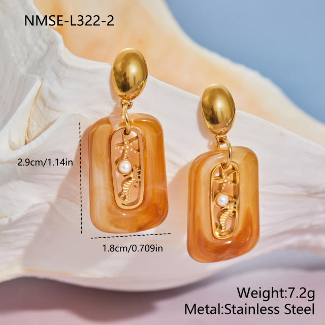 Holiday colorful resin hollow out pearl starfish seahorse stainless steel earrings