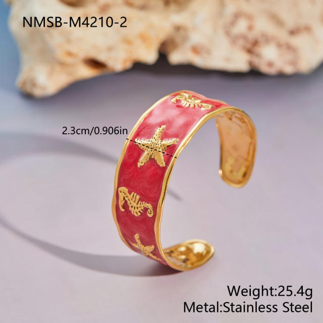 Summer colorful enamel starfish seahorse beach stainless steel bangle bracelet