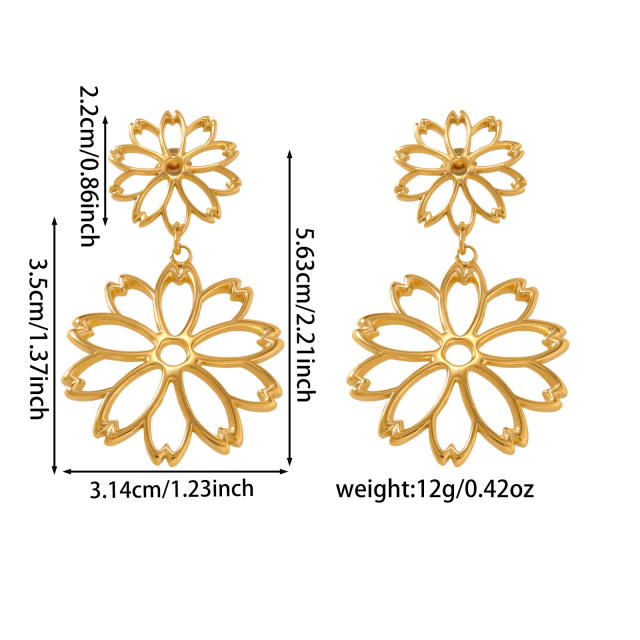 Hot sale vintage hollow out geometric line flower stainless steel earrings