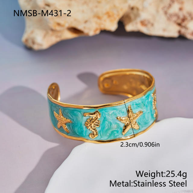 Summer colorful enamel starfish seahorse beach stainless steel bangle bracelet