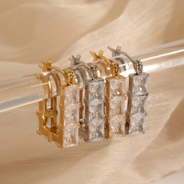 Classic cubic zircon inlaid bamboo U shape stainless steel earrings diamond earrings