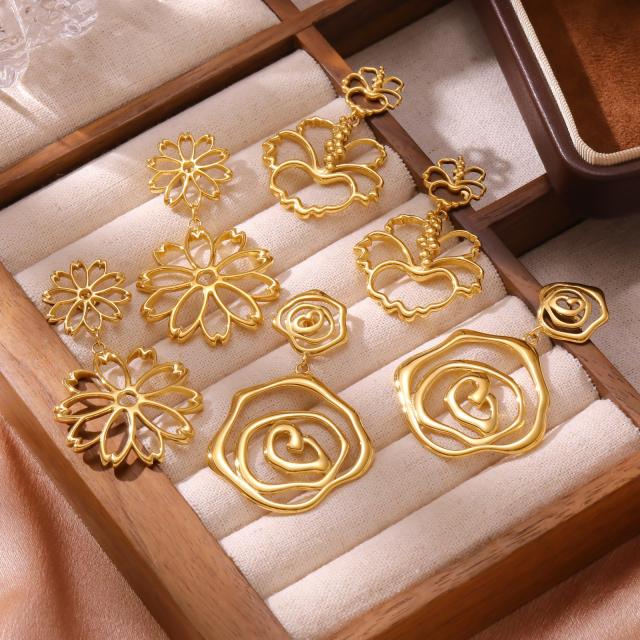 Hot sale vintage hollow out geometric line flower stainless steel earrings