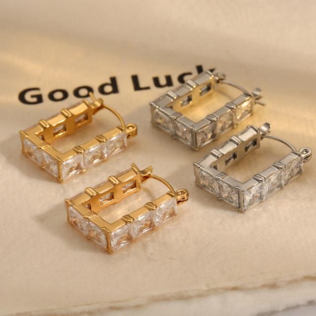 Classic cubic zircon inlaid bamboo U shape stainless steel earrings diamond earrings