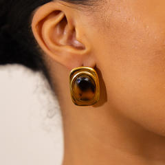 Vintage amber acrylic inlaid stainless steel earrings studs
