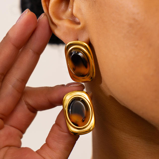 Vintage amber acrylic inlaid stainless steel earrings studs