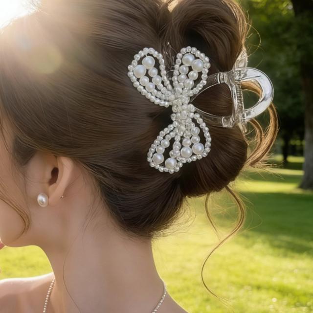 French trend pearl bead bow summer hair claw clips for women