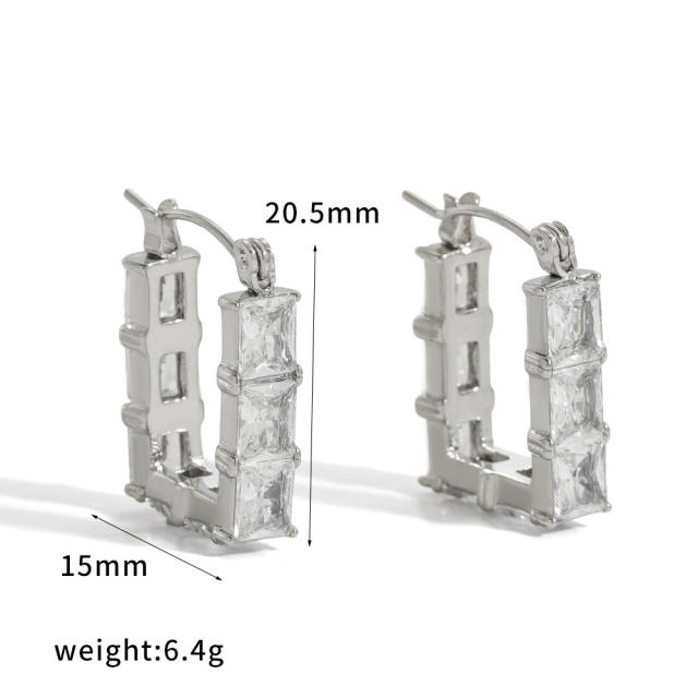 Classic cubic zircon inlaid bamboo U shape stainless steel earrings diamond earrings