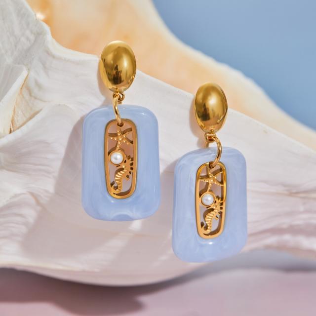 Holiday colorful resin hollow out pearl starfish seahorse stainless steel earrings