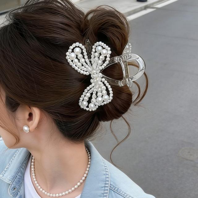 French trend pearl bead bow summer hair claw clips for women