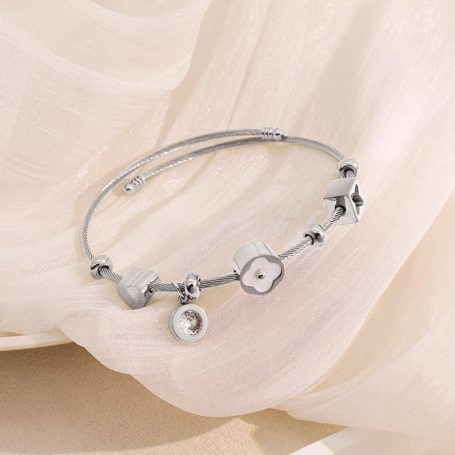 Personalized Wire Braided Rope Letters Four-Leaf Clover charm stainless steel bangle bracelet