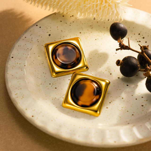 Vintage geometric leopard acrylic inlaid stainless steel earrings studs
