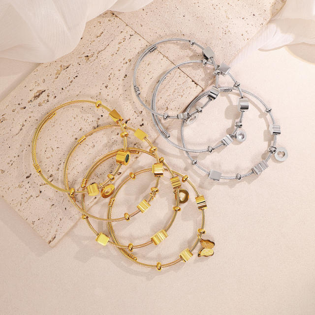 Personalized Wire Braided Rope Letters Four-Leaf Clover charm stainless steel bangle bracelet