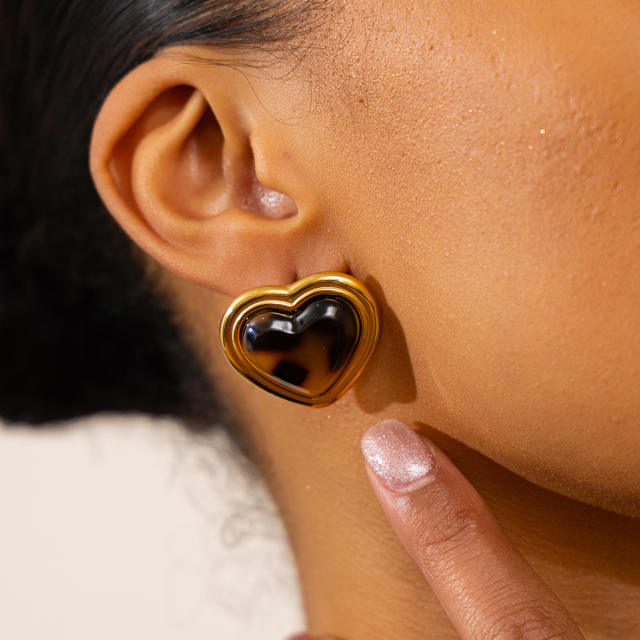 Vintage leopard acrylic heart shape stainless steel earrings studs