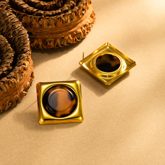 Vintage geometric leopard acrylic inlaid stainless steel earrings studs