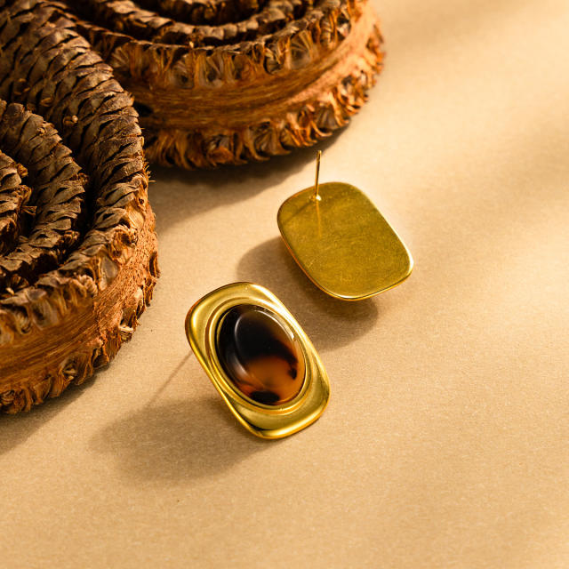 Vintage amber acrylic inlaid stainless steel earrings studs