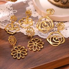 Hot sale vintage hollow out geometric line flower stainless steel earrings