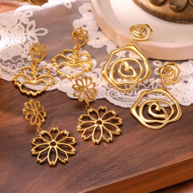 Hot sale vintage hollow out geometric line flower stainless steel earrings