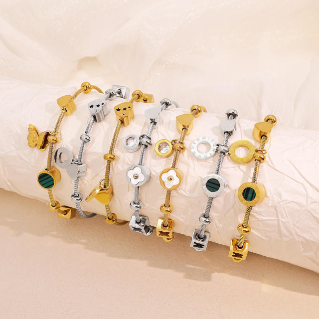 Personalized Wire Braided Rope Letters Four-Leaf Clover charm stainless steel bangle bracelet