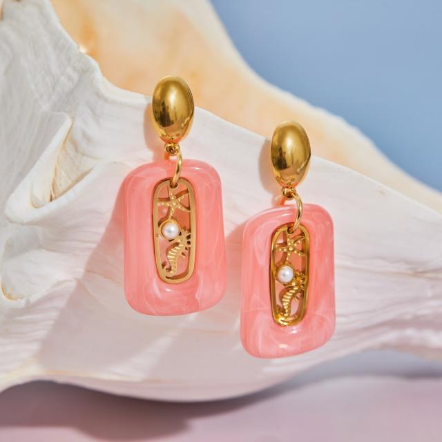 Holiday colorful resin hollow out pearl starfish seahorse stainless steel earrings