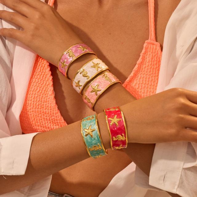 Summer colorful enamel starfish seahorse beach stainless steel bangle bracelet