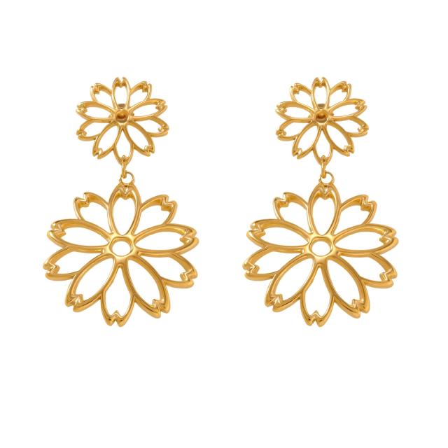Hot sale vintage hollow out geometric line flower stainless steel earrings