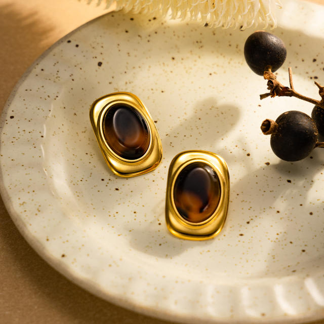 Vintage amber acrylic inlaid stainless steel earrings studs