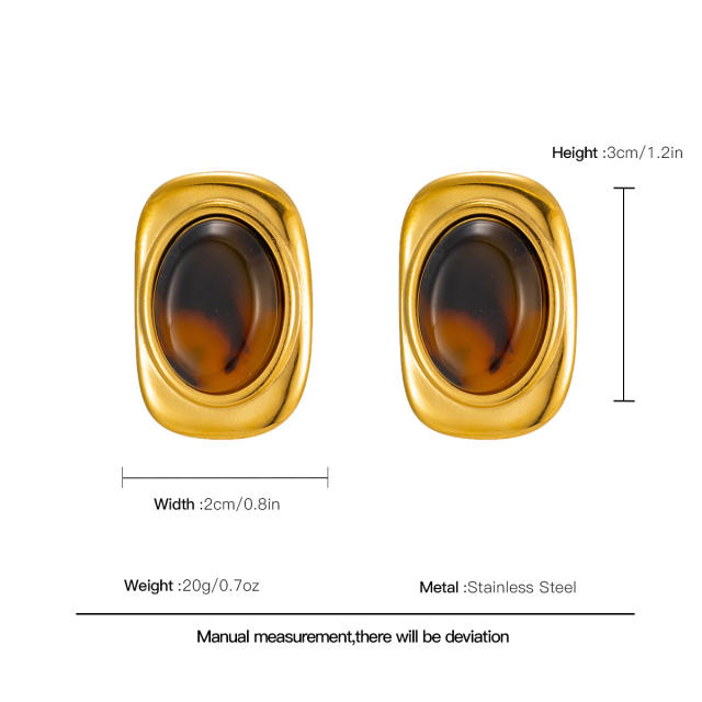 Vintage amber acrylic inlaid stainless steel earrings studs