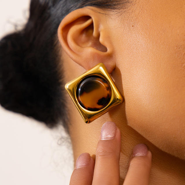 Vintage geometric leopard acrylic inlaid stainless steel earrings studs
